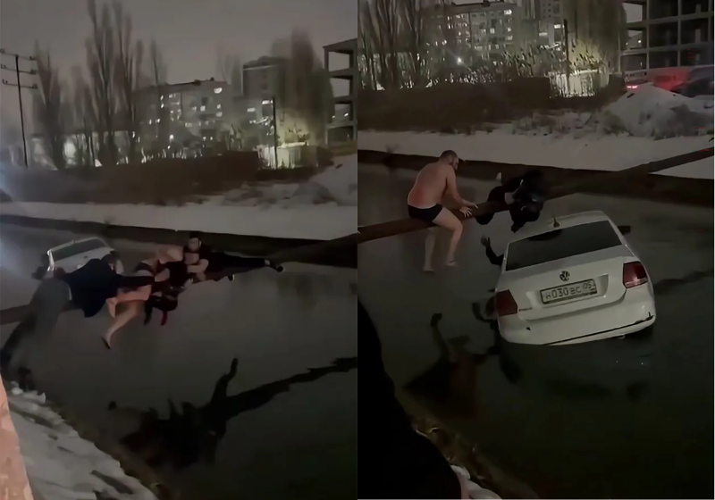 Os três desconhecidos retiraram uma criança e dois adultos de um táxi, submerso após cair em um canal - Foto: @independent