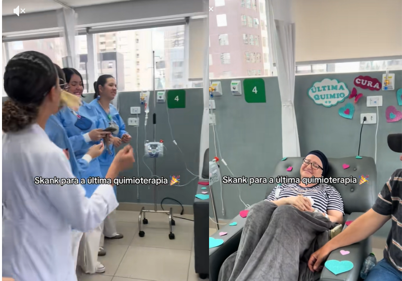 As enfermeiras cantam para comemorar a última quimio de uma paciente. A mulher ficou bastante emocionada e o vídeo viralizou - Foto: Tiktok