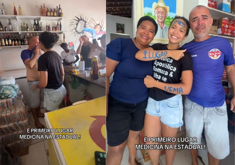 A estudante Maria Eduarda Saturnino fez o pai chorar no bar dele, na frente de todos, no Maranhão. Contou que foi aprovada em 1º lugar em Medina na UEMA. - Fotos: reprodução/TikTok