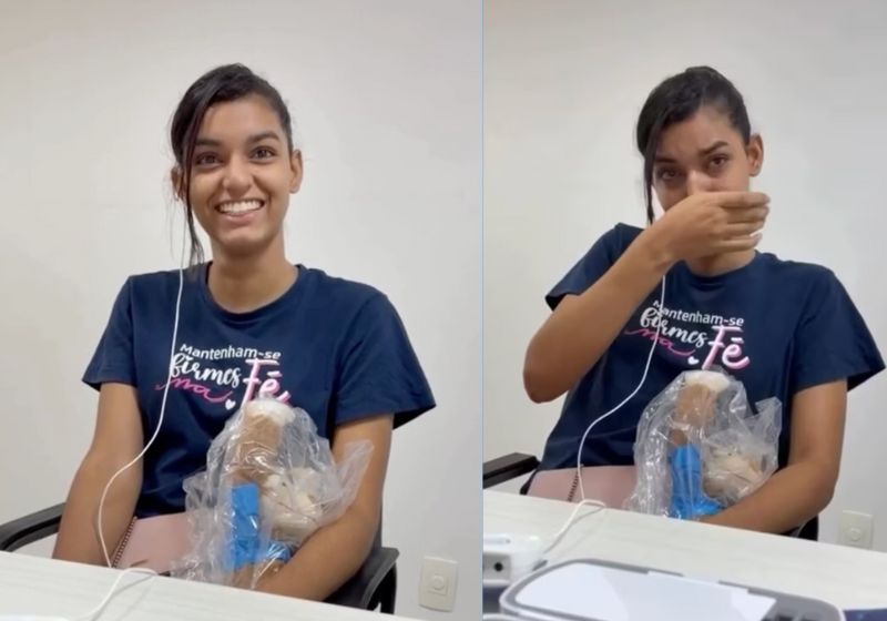 O momento emocionante em que a jovem Bianca, de 20 anos, volta a ouvir foi gravado em vídeo. Ela nasceu no PI e não ouvia desde os 5 anos. - Fotos: reprodução/ClubeNews