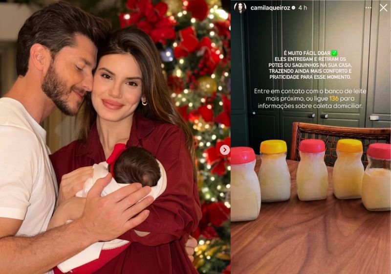 A atriz Camila Queiroz doou leite materno excedente 1 mês após o nascimento da filha, Clara, e incentivou outras mães que a seguem nas redes. - Fotos: reprodução/Instagram