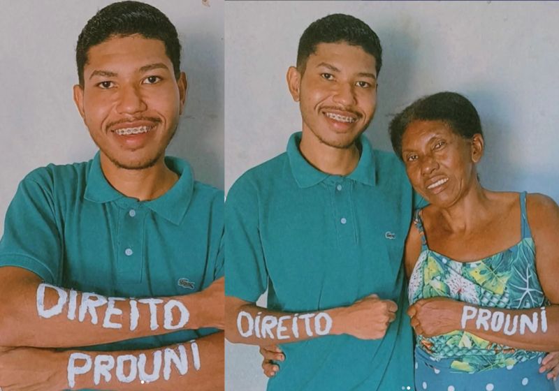 O jovem Tarcízio, que é filho de mãe solo analfabeta, foi aprovado em Direito pelo Prouni. Ele prometeu uma vida melhor à mãe, borracheira, no interior da Bahia. - Fotos: reprodução/Instagram