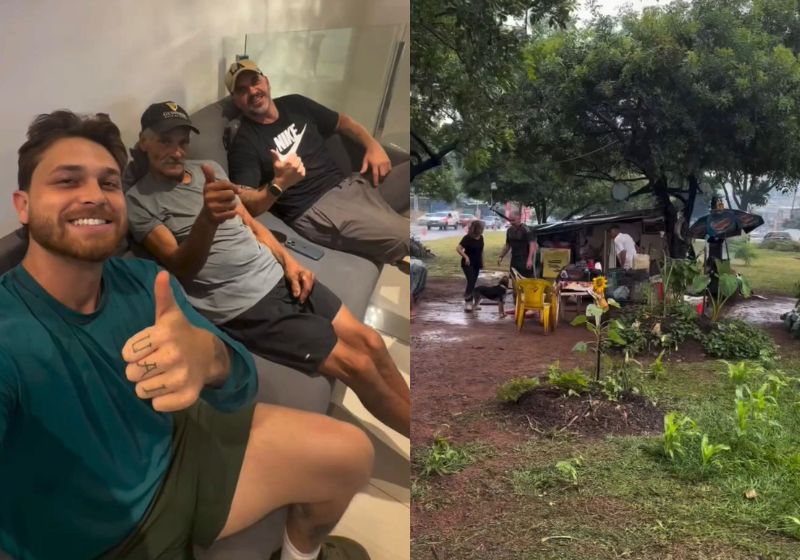 Gustavo Tubarão disse ao idoso que ia levá-lo para passear, mas levou o homem para o apartamento dele, em Belo Horizonte, onde o homem e os cachorros vão morar até a casa ficar pronta. - Fotos: reprodução/Instagram