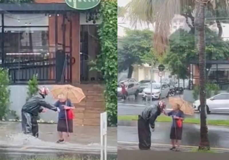 Além de ajudar a idosa a atravessar a avenida tomada pela chuva forte, o motociclista ainda beijou a mão dela quando se despediu. Foi em Piracicaba (SP). - Foto: Bianca Pupin