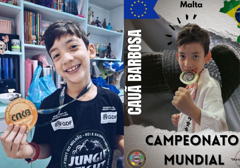 O pequeno brasileiro Cauã Carvalho, de 8 anos, foi convocado para o mundial de Karatê em Malta e a família corre atrás de patrocinador para bancar a viagem. - Fotos: arquivo pessoal