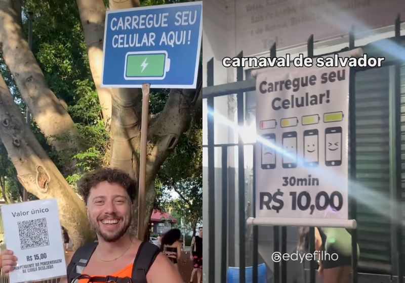 Que ideia! Alugar carregador celular no Carnaval virou negócio para empreendedores e ambulantes. Salvador e Brasília saíram na frente. - Fotos: reprodução/CorreioBraziliense/@ediefilho
