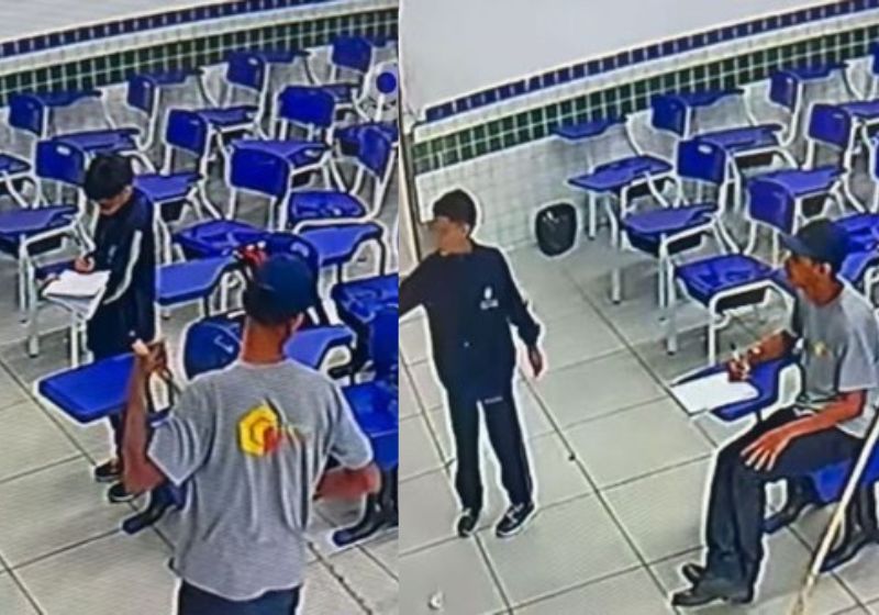 Isaias Pinheiro é o nome do rapaz da limpeza que ajudou um aluno a terminar a lição na escola, após o sinal tocar, no Maranhão. Foi espontâneo e viralizou. - Fotos: Divulgação/Redes Sociais