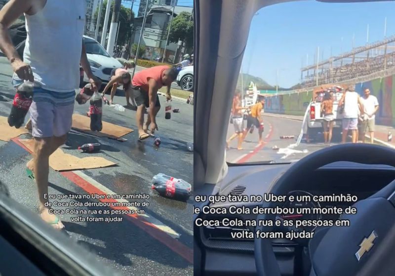 Dezenas de pessoas se uniram para recolher os refrigerantes derramados na pista após a caminhonete carregada tombar na pista no ES. - Fotos: @martinssester/tiktok