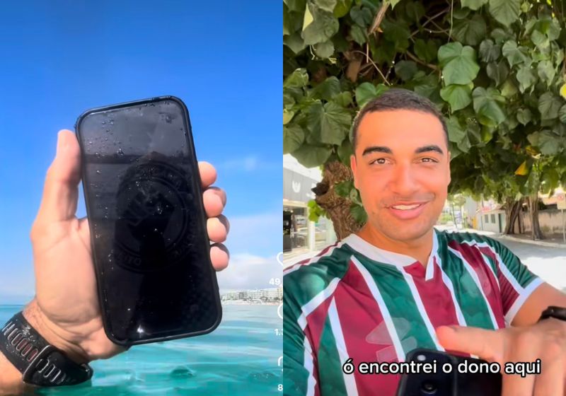 O mergulhador Pedro de Freitas achou um iPhone novo no fundo do mar, em Cabo Frio (RJ), e foi devolver ao dono. O aparelho estava ligado e funcionando. - Fotos: reprodução/Instagram