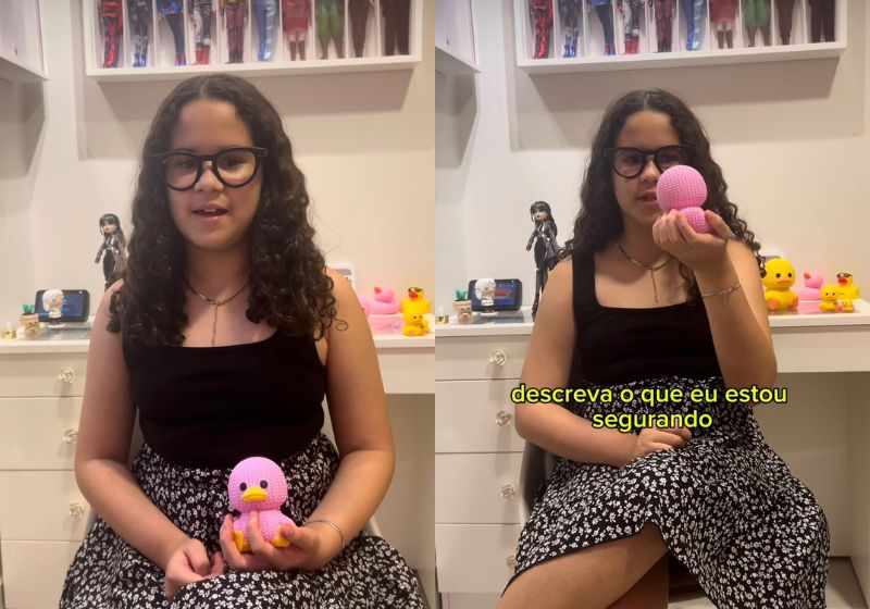A Júlia, uma menina cega de Brasília, ganhou os óculos inteligentes da Meta. O vídeo em que mostra como eles a ajudam no dia a dia bateu 1,1 milhão de visualizações. Fotos: reprodução/Instagram