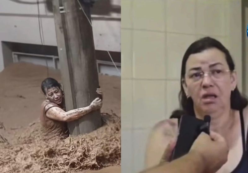 Edna, a mulher que ficou 3 horas agarrada a um poste no meio da enxurrada em Ubá (MG), disse que está viva por milagre. Pediu a Deus. - Fotos: reprodução/R7/conectaSCNews
