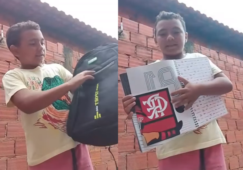 Um menino mostrou todo orgulho o material escolar que ele comprou com a venda de cremosinho. O vídeo viralizou - Foto: redes sociais