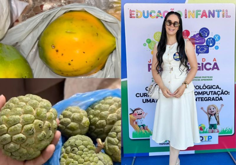 Os presentes que a professora Fernanda recebe dos alunos idosos do EJA do Povoado Caatinga de Cima (BA) vão de laranja e mamão a abacate e pinha. Eles plantam tudo em casa e levam para ela, em gratidão. - Fotos reprodução/Instagram