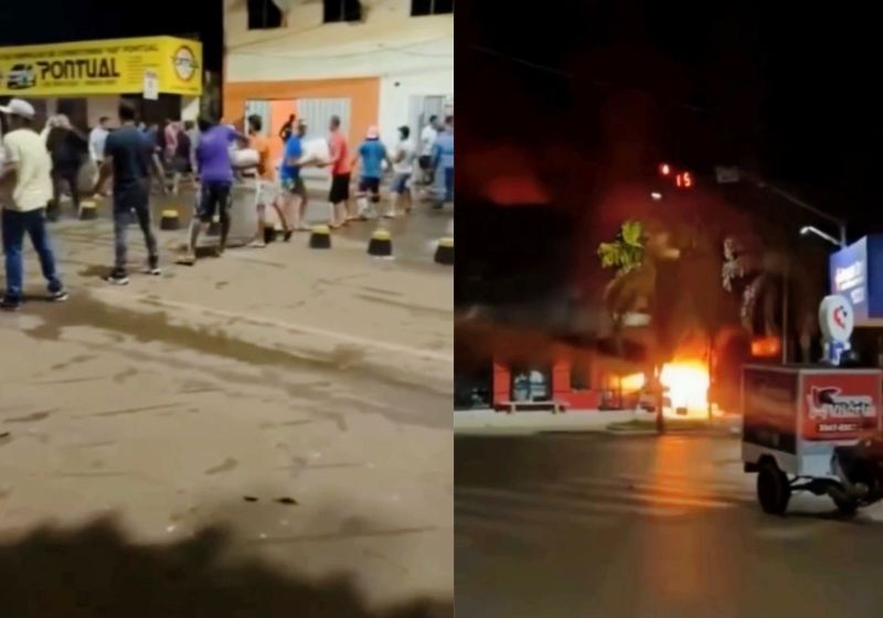 Moradores fizeram uma corrente humana para retirar alimentos que estavam no estoque de um supermercado que Foto: reprodução/Tv Anhanguera