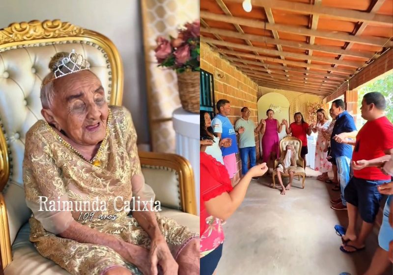 A dona Raimunda Calixto, a superidosa brasileira de 109 anos, ganhou coroa de rainha, vestido dourado e parabéns da prefeitura de Itarema (CE) - Fotos: reprodução/Instagram