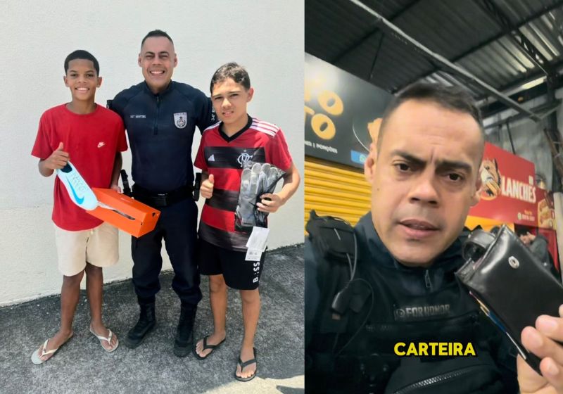 O sargento Martins soube que os garotos que encontraram uma carteira no Rio sonham em ser jogadores de futebol e deu 2 presentes a eles - Fotos reprodução/Instagram/@sgt_martins_14