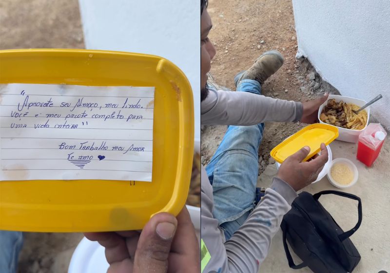 A esposa mandou a marmita num pote de sorvete com um bilhete para o marido dizendo: "Você é meu pacote completo para uma vida inteira". Foi numa obra do Pará. - Foto: reprodução/Instagram