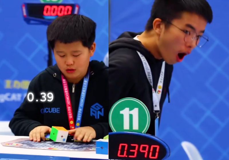 Ziyu Ye, um garotinho chinês de apenas 9 anos, conseguiu resolver o cubo mágico em 0,39 segundo e bateu recorde mundial. - Fotos: reprodução/X