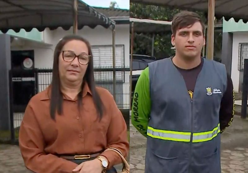 Valdete, a dona da carteira, e Gean, o coletor que encontrou a bolsinha. - Fotos: reprodução/nsctv