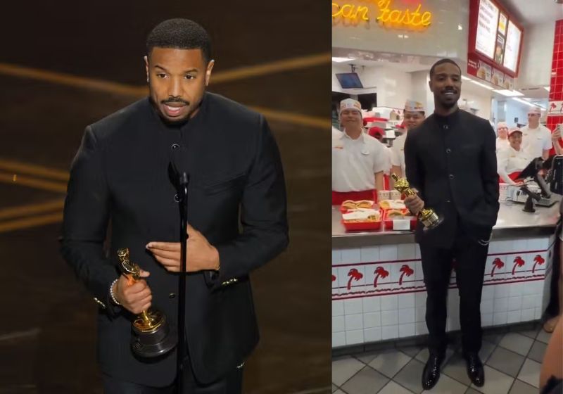 Michael B Jordan ganhou o Oscar de Melhor Ator 2026 e foi comemorar com a família em um Fast Food comum nos EUA. Deu autógrafos e sorrisos - Fotos: REUTERS/Mike Blake/redes sociais