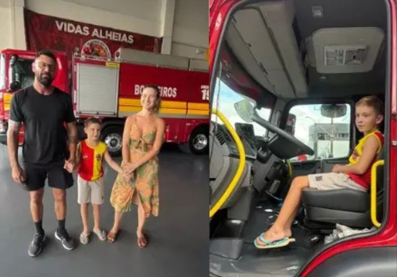Gael, o menino de 8 anos que salvou primo de 2 de afogamento na piscina, visitou o Corpo de Bombeiros de SC com os pais e disse que quer salvar vidas. - Foto: reprodução/Jornal Razoes