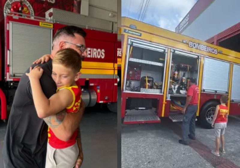 O menino Gael com o pai na visita ao batalhão do Corpo de Bombeiros de Santa Catarina. - Foto: reprodução/JornalRazoes