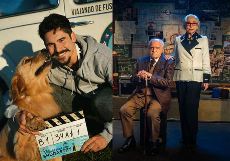 Entre apostas de filmes brasileiros para o Oscar 2027 estão Geni e o Zepelim, Velhos Bandidos (à dir), Minha Vida com Shurastei (à esq), e 100 dias. - Fotos: divulgação
