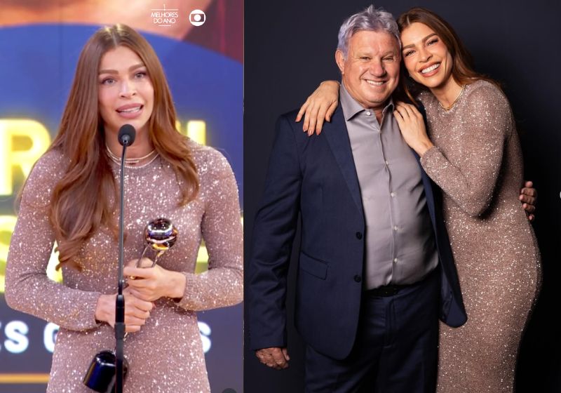 Grazi Massafera conquistou o prêmio de Melhor Atriz de Novelas do ano pela vilã Arminda, em Três Graças. Ela levou o pai para a premiação. Fotos: TVGlobo/Instagram