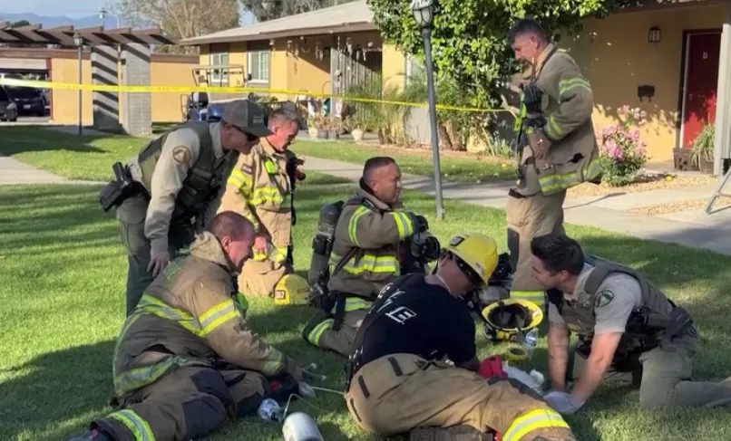 Os bombeiros na grama salvando os gatinhos retirados do incêndio. - Foto: Riverside County Fire Department