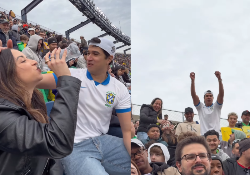 O influenciador correu a arquibancada para conseguir um remédio para a esposa, que sentiu cólica durante o jogo do Brasil - Foto: redes sociais