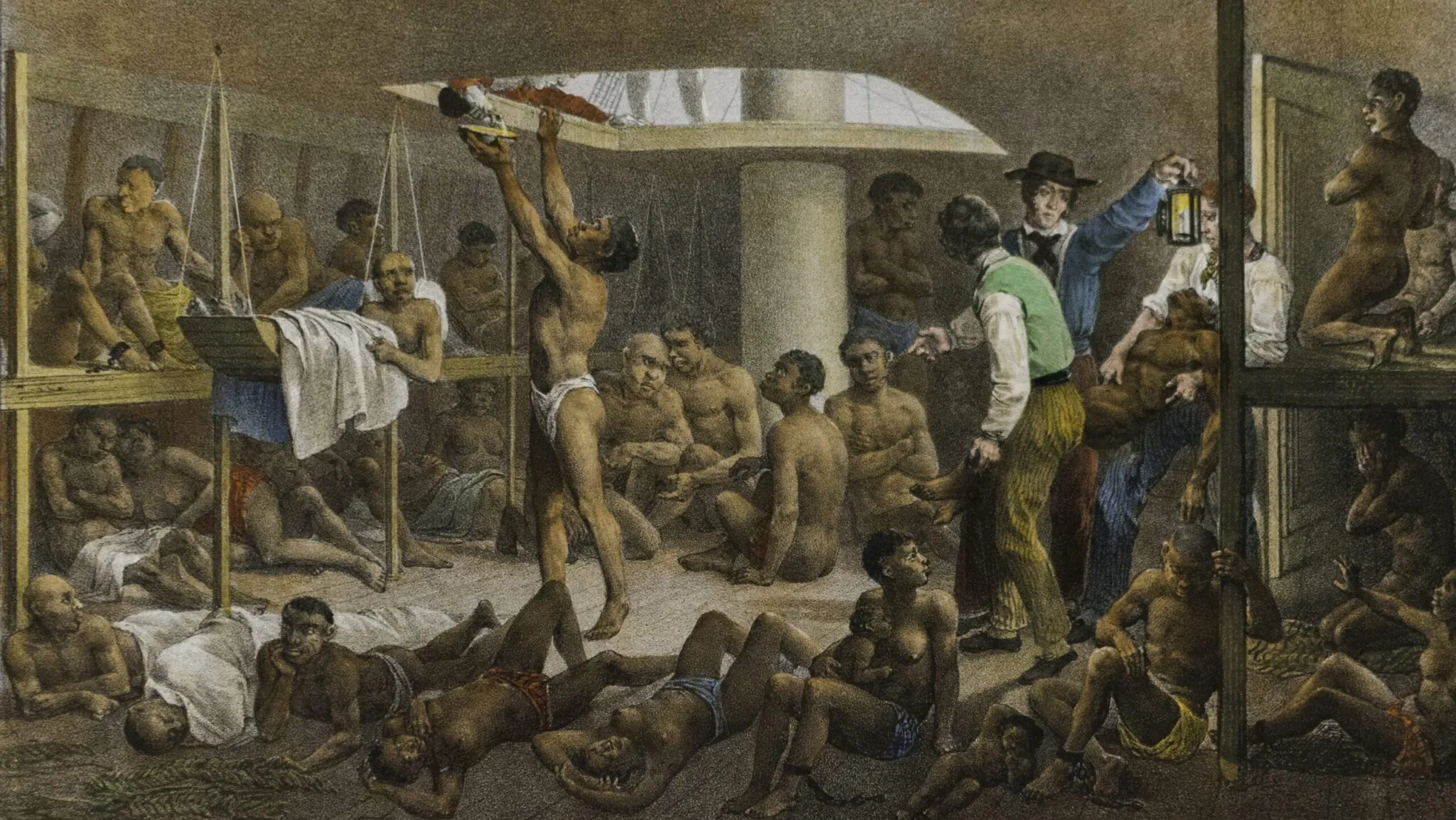 Obra "Navio negreiro" do pintor alemão Johann Moritz Rugendas, de 1830. Narra o tráfico de escravizados sequestrados na África e transportados em condições degradantes nos navios negreiros - Fotro: arquivo