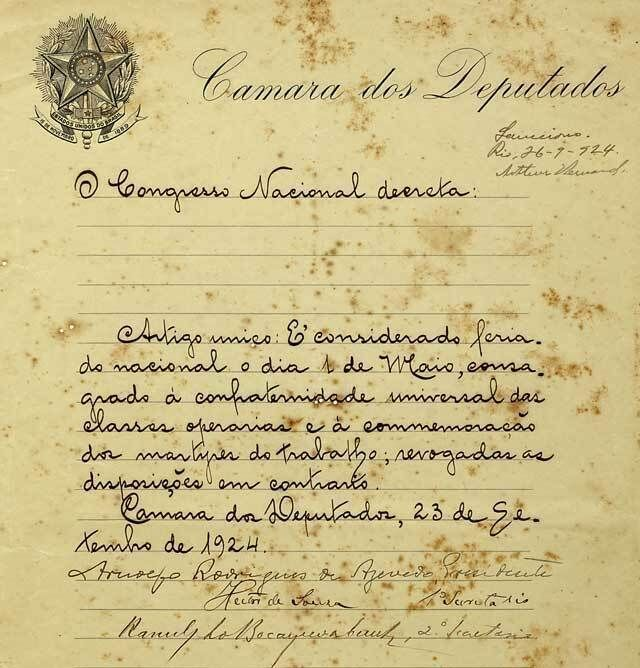 Documento que certificou o Dia do Trabalhador - Foto: Senado