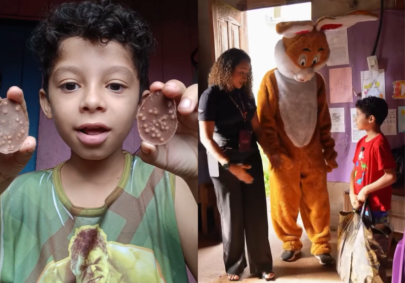 Luiz Fernando viralizou após mostrar um ovo minúsculo que ganhou da mãe. A Cacau Show prometeu e transformou a Páscoa do garotinho - Foto: redes sociais