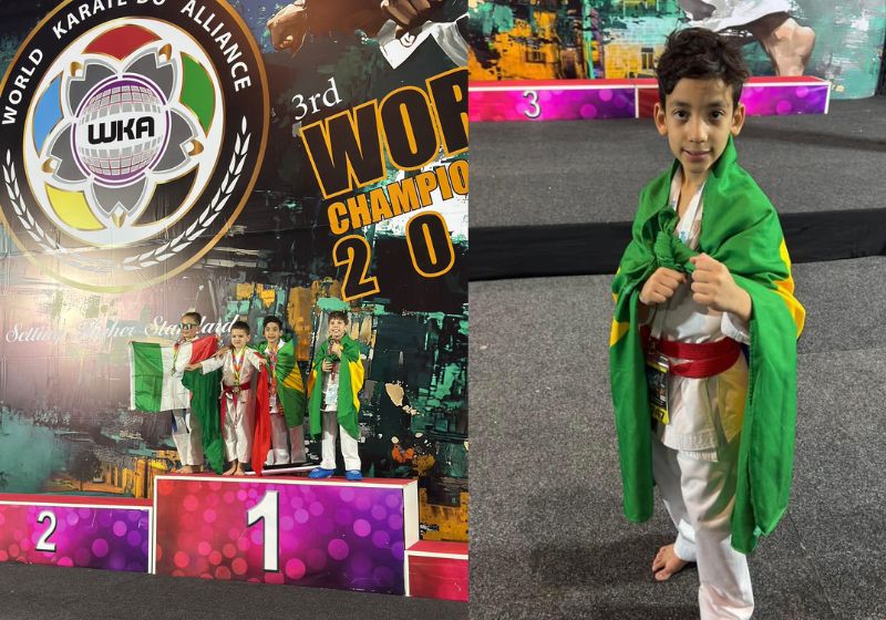 O pequeno karateca brasileiro Cauã Barbosa de Carvalho, de 8 anos, subiu no pódio e se tornou o 3º melhor do mundo em Malta, na Europa. - Fotos: arquivo pessoal