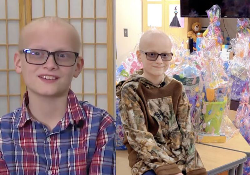 Nathan, um garoto de 12 anos que está quase em remissão do câncer, decidiu alegrar crianças internadas nessa Páscoa: levou cestas de chocolate a um hospital dos EUA. - Fotos: Providence Alaska Children's Hospital