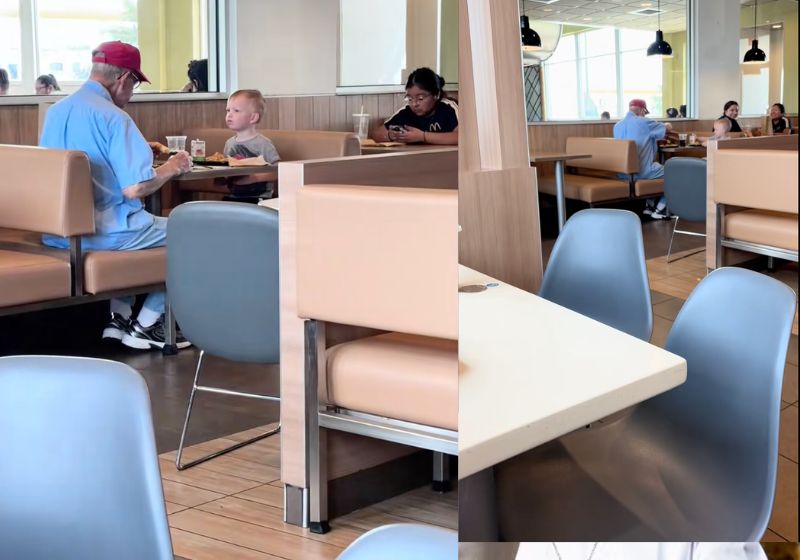 O Hudson, de 3 anos, é uma criança amorosa que ao ver um idoso comendo sozinho foi lá fazer companhia a ele. O vídeo do encontro nos EUA viralizou. - Fotos: reprodução/Tiktok/@ashlyntaylor88