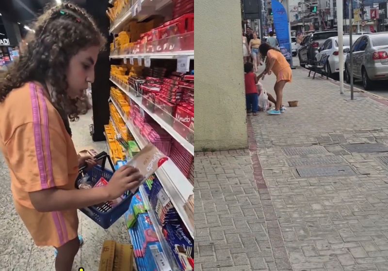 Olha a gentileza da Valen, a menina com autismo e microcefalia: ela foi no mercado comprar doces e comida para crianças que viu na rua em SC. - Fotos: reprodução/Instagram/ @valentinamariaarteira
