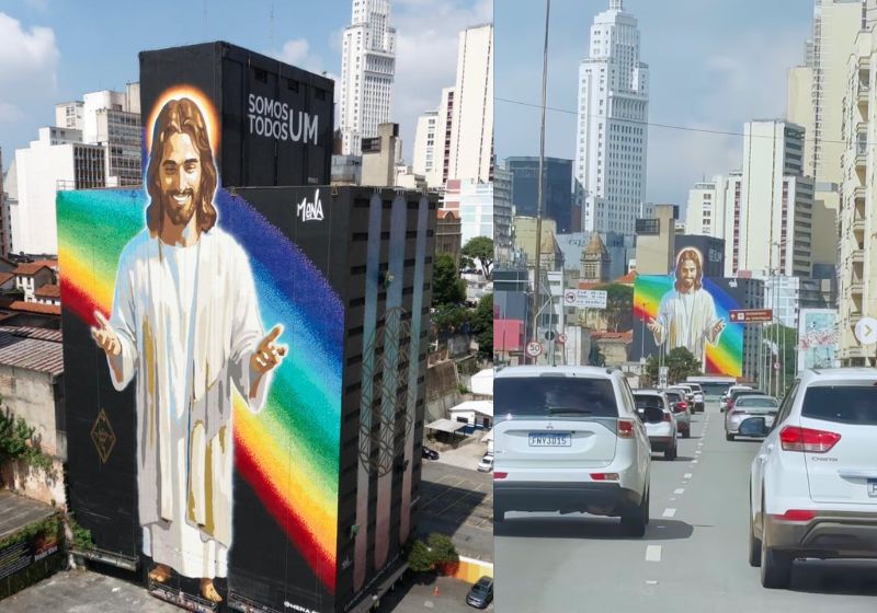 A imagem gigante de Jesus Cristo foi pintada em prédio da Avenida Prestes Maia, pelo artista plástico Mena, para levar paz e amor a São Paulo - Fotos: reprodução/Instagram
