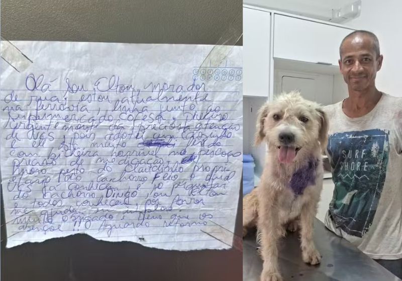 O Elton escreveu o bilhete pedindo ajuda para tratar o cãozinho Dingo, que estava com "bicheira: no pescoço. - Fotos: Uipa/Divulgação