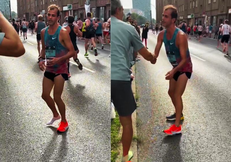 Sven é o desconhecido que tirou o tênis e deu para o corredor Jay terminar a maratona de Berlim. A Asics viu o vídeo e levou os 2 para Tóquio. - Fotos: reprodução/Instagram/@jay_glidewell