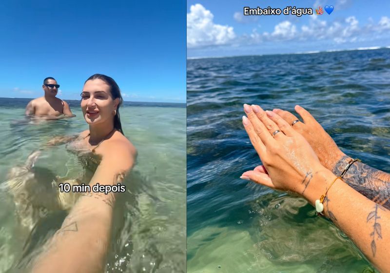 Olha a alegria dos noivos,  depois do pedido de casamento embaixo d'água. - Fotos: reprodução/tiktok/@arianesdeves