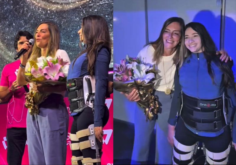 A ex-ginasta Lais Souza usou uma ortese e apareceu pela primeira vez de pé em SP para entregar prêmio à dra. Tatiana Sampaio, da Polilaminina. - Fotos: reprodução/ Instagram/ @lalikasouza