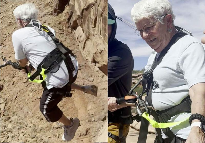 Barbara é o nome da idosa de 78 anos que saltou de um penhasco de 100 metros em Utah. É o balanço de corda mais longo dos EUA. - Fotos: reprodução / SWNS