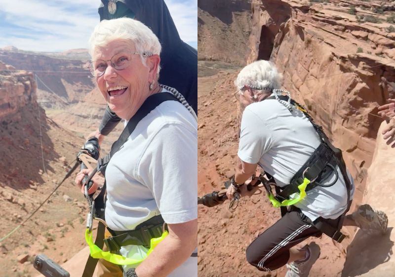 Dona Barbara, a da idosa de 78 anos que saltou de um penhasco de 100 metros em Utah. É o balanço de corda mais longo dos EUA. - Fotos: reprodução / SWNS