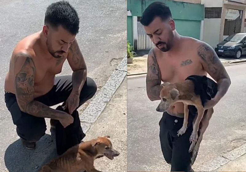 O nome do herói sem capa, que resgatou um cachorrinho cego abandonado no asfalto quente é Iury Diesel. O cão está internado no Rio. - Fotos: reprodução / Instagram/ @iurydieselofc