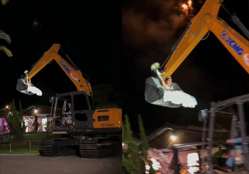 O casamento da noiva rodando dentro de uma concha de escavadeira foi na semana passada em SC. O noivo pilotou a máquina e o vídeo viralizou. - Fotos: reprodução / Instagram/ @maripasincerimonial