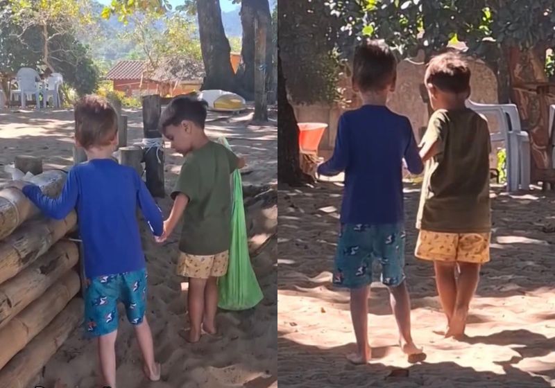 O Mikael queria brincar com o Bruno e como viu que o menino é cego, pegou na mão dele e foram se divertir juntos no feriado, numa praia de Parati (RJ). - Fotos: reprodução/ Instagram/ @comosolhosdocoracao
