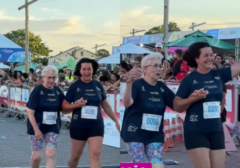 A idosa completou a meia maratona e comemorou a chegada, sendo também aplaudida por pessoas que estavam no local - Foto: redes sociais