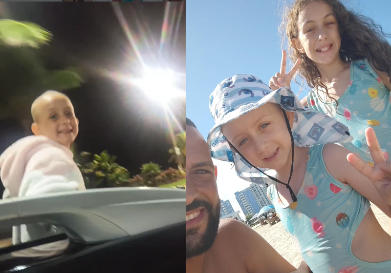 A garotinha encerrou a primeira fase do tratamento contra a leucemia com uma ida à praia. Ela ainda ganhou um buzinaço - Foto: redes sociais