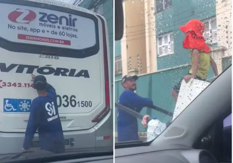 O avô, que trabalha como catador de recicláveis, ajudou o neto a ler uma palavra no letreiro do ônibus. A cena viralizou - Foto: redes sociais